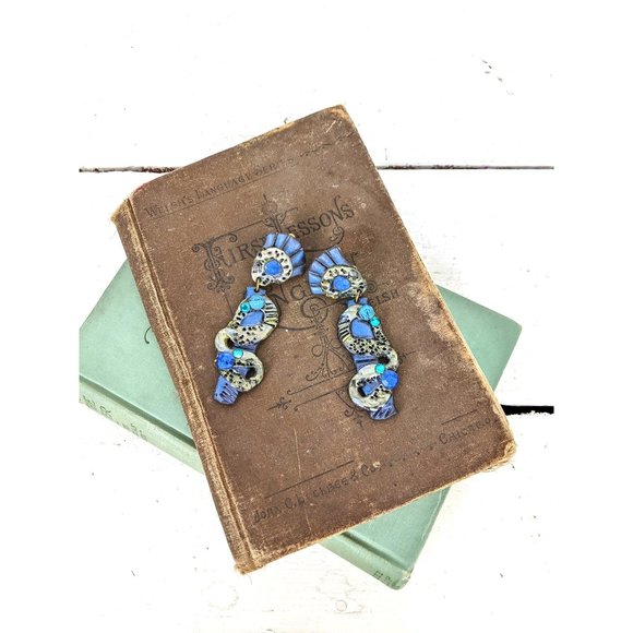 Vintage blue silver long jeweled clay long dangle clip on earrings - Picture 1 of 4